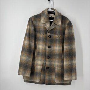 Vintage Pendleton Brown Shadow Plaid 100% Wool Coat Mens Size Large 42 1970s